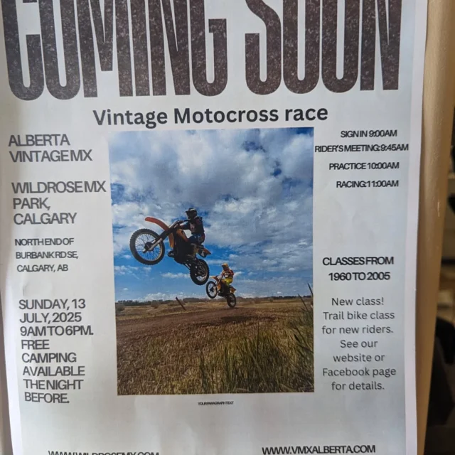Vintage moto cross this Sunday.Oms will have 2 competitors .come down and have a laugh and a hot dog on us.